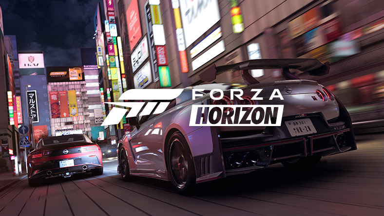Forza Horizon, rear view of cars racing through city streets