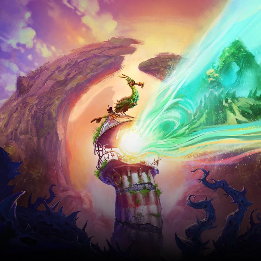 A bird is perched atop a lighthouse, the light casts a ray with an image of mysterious lands 