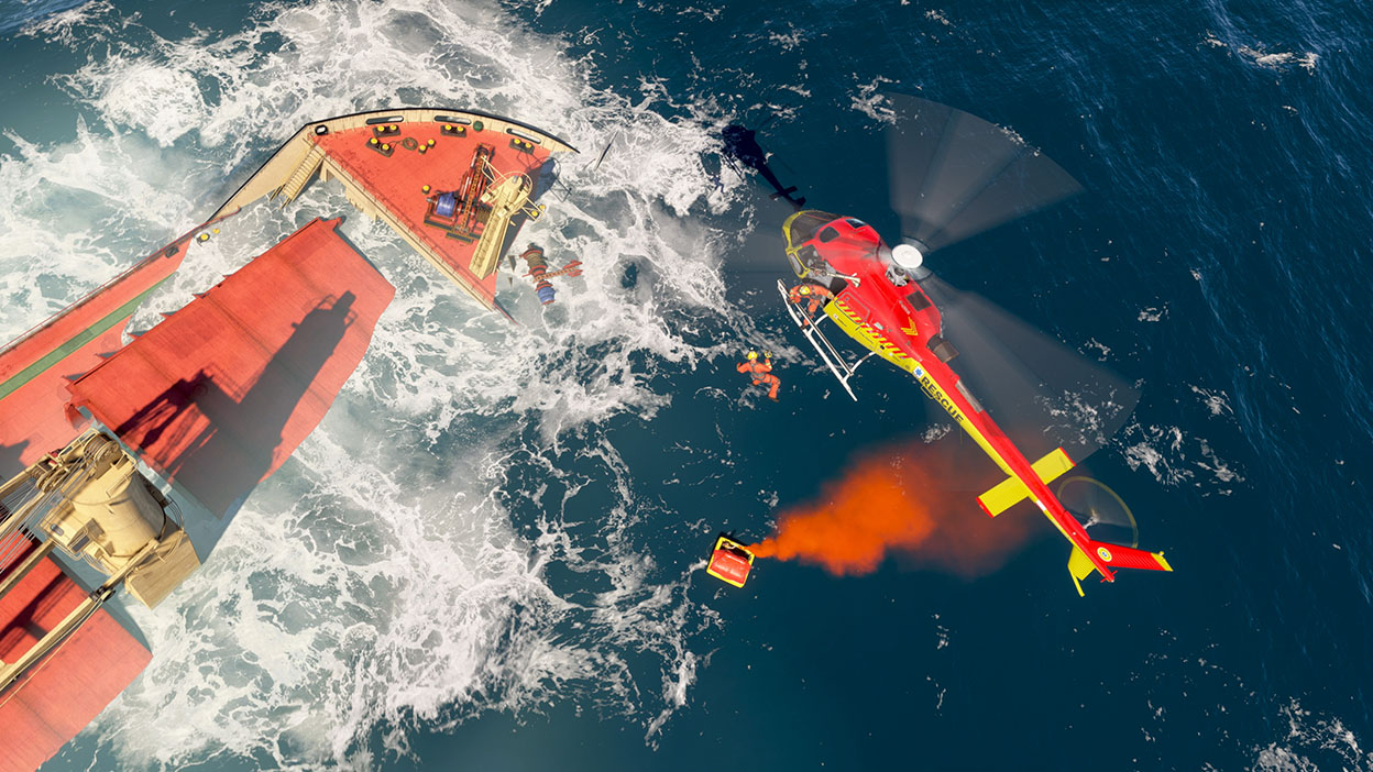 Helicóptero de rescate que sobrevuela un enorme barco que se está hundiendo.
