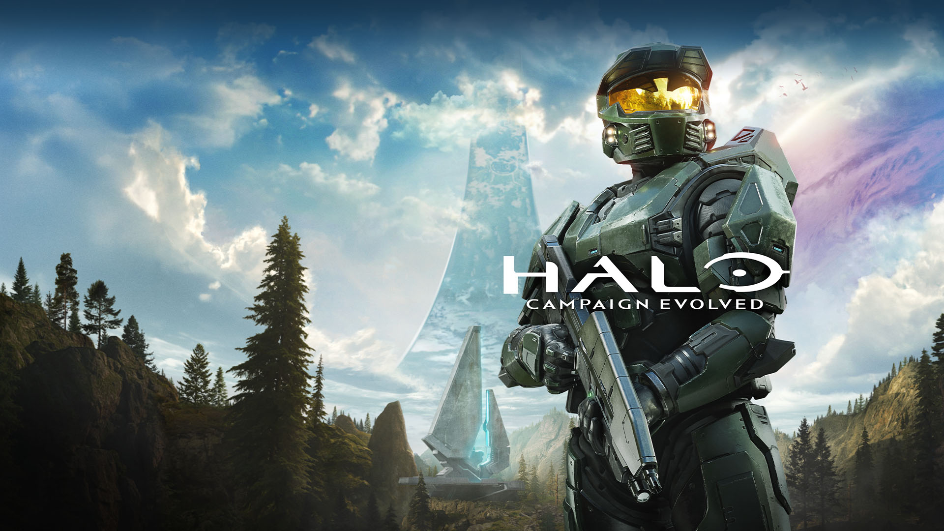 Logo Halo Campaign Evolved, le Master Chief tient son arme, avec en arrière-plan un grand bâtiment futuriste et une immense planète dans le ciel.