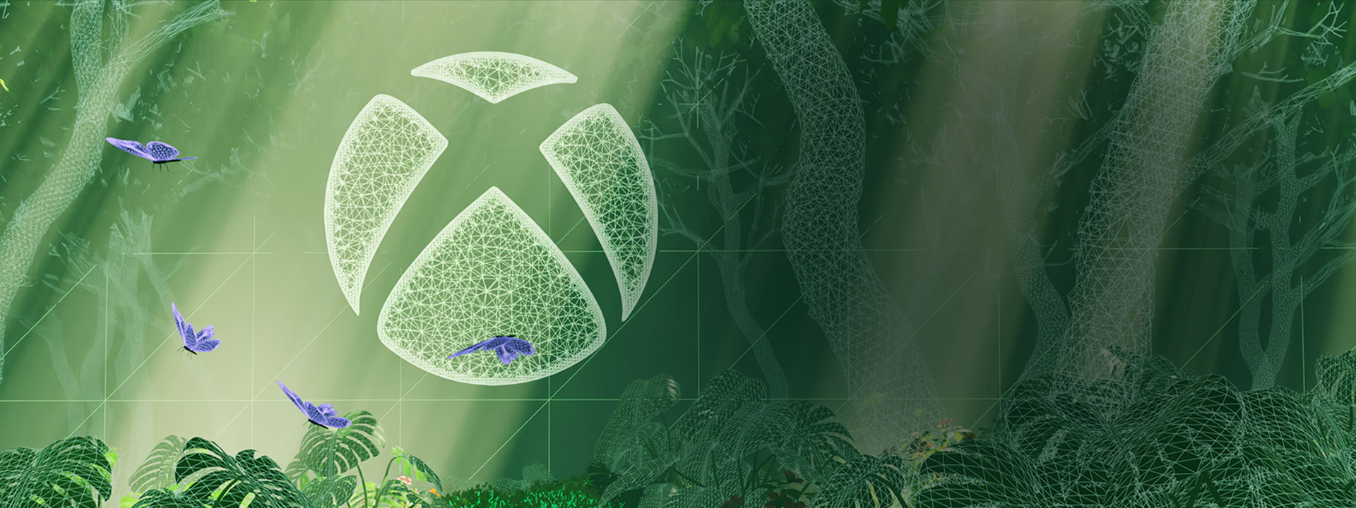 The Xbox logo floating in a green forest with purple butterflies.