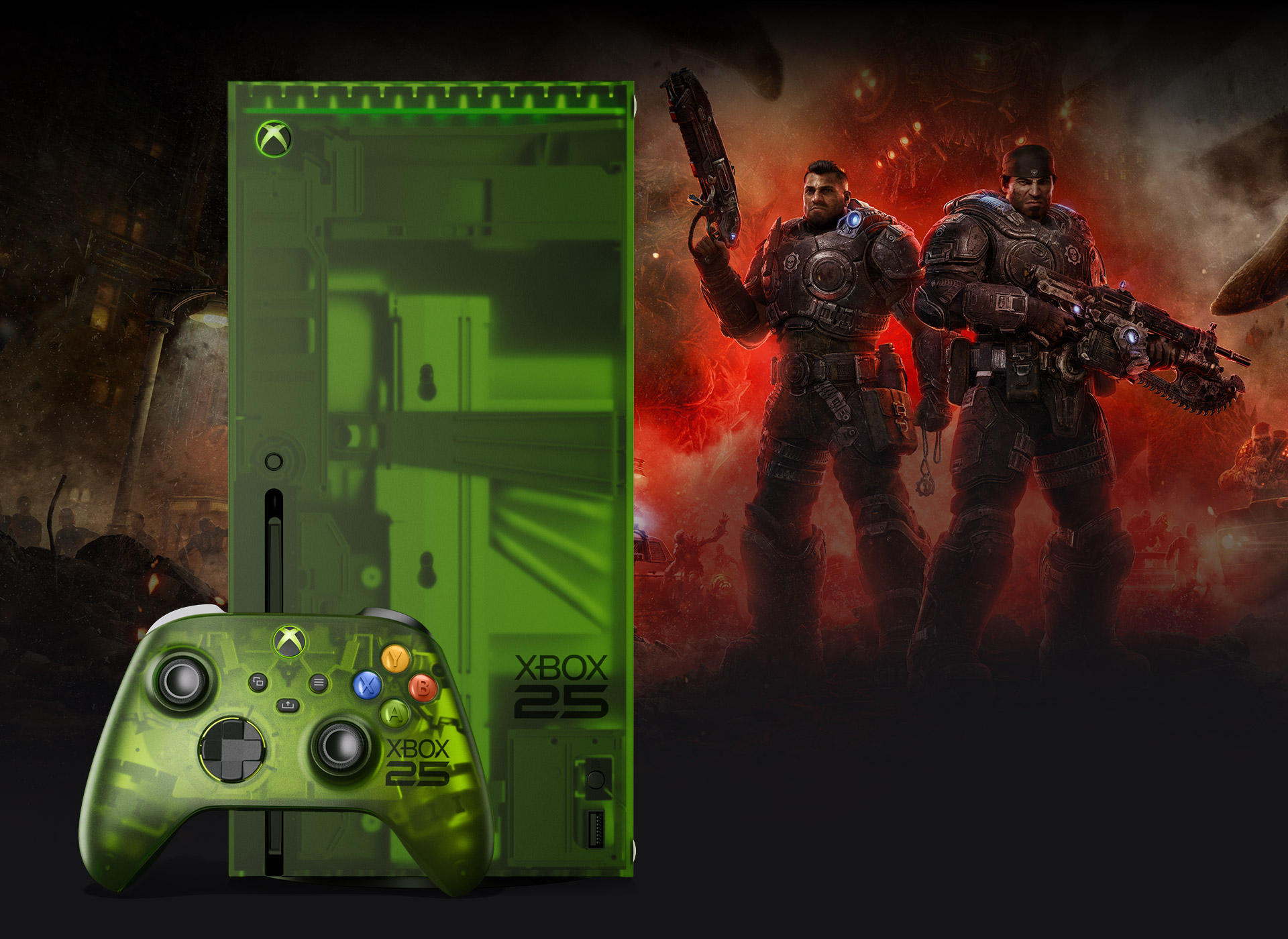 XBOX Series X25 Limited Edition with XBOX Wireless Controller X25 Special Edition with Marcus Fenix and Dom from Gears: E-Day posing with monsters in the background