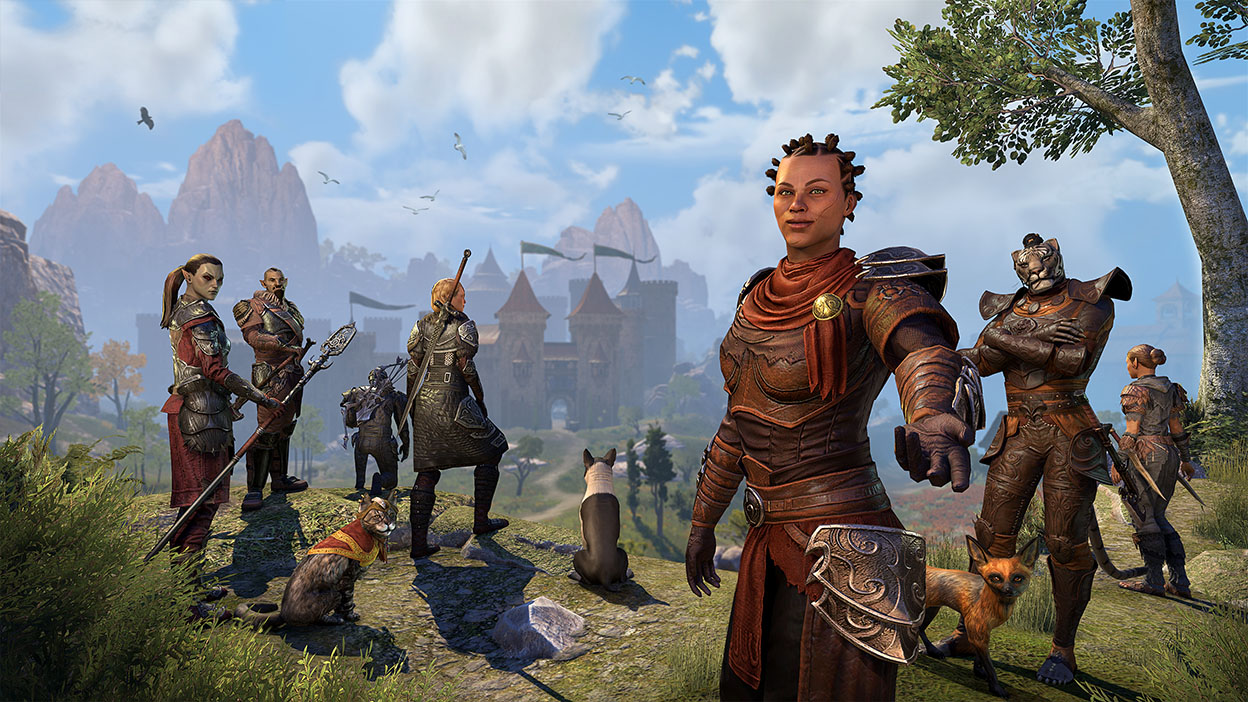 A guild of seven adventurers and their animal companions stand on a hill, with a castle in the distance. 