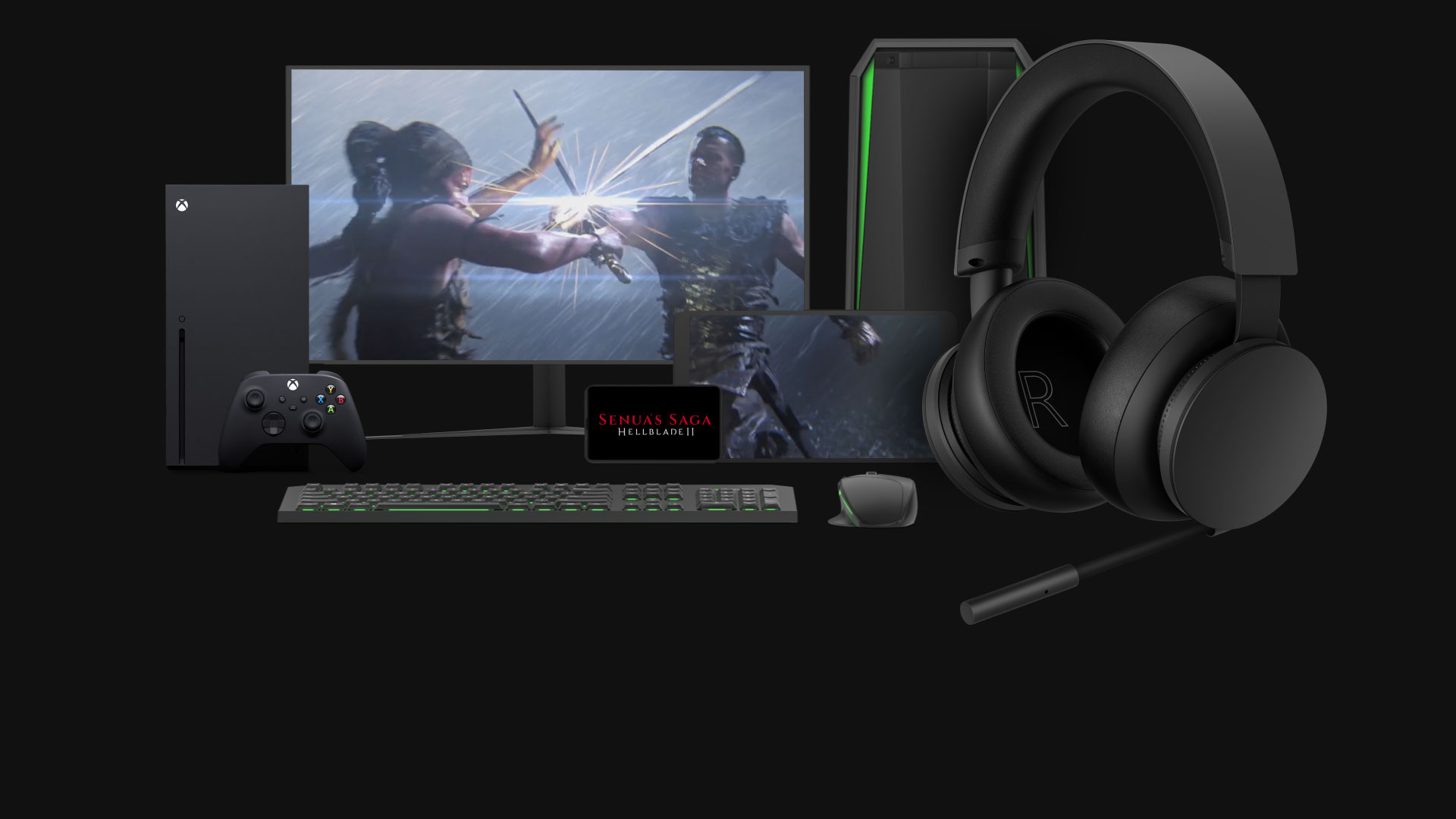 Zestaw słuchawkowy Xbox Stereo znajduje się przed wybranymi urządzeniami, z którymi jest kompatybilny, w tym Xbox Series X, komputerem z systemem Windows i urządzeniem mobilnym. Na urządzeniu mobilnym znajduje się tytuł gry Senua's Saga, Hellblade II.