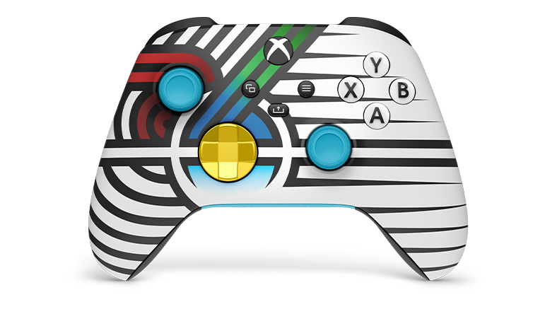Vue avant de la manette sans fil XBOX – Team Spirit en édition limitée avec XBOX Design Lab, dans des coloris personnalisés bleu, jaune et noir.