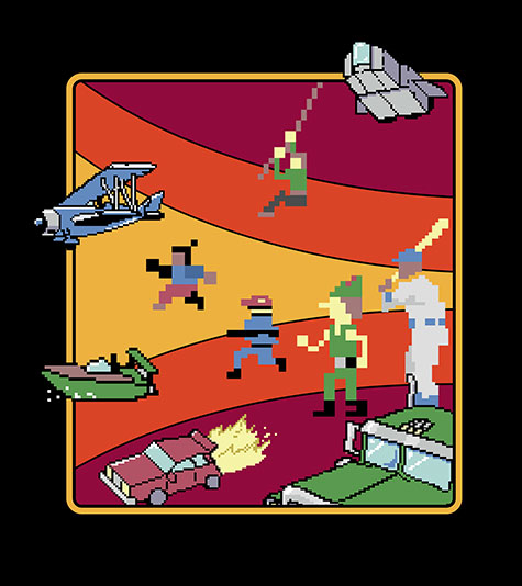 Mehrere pixelige Retro-Game-Charaktere vor einem kastanienbraunen, orangefarbenen und gelben Hintergrund