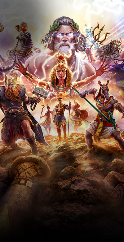 Logo d’Age of Mythology: Retold, avec plusieurs dieux et figures mythiques descendant des cieux.