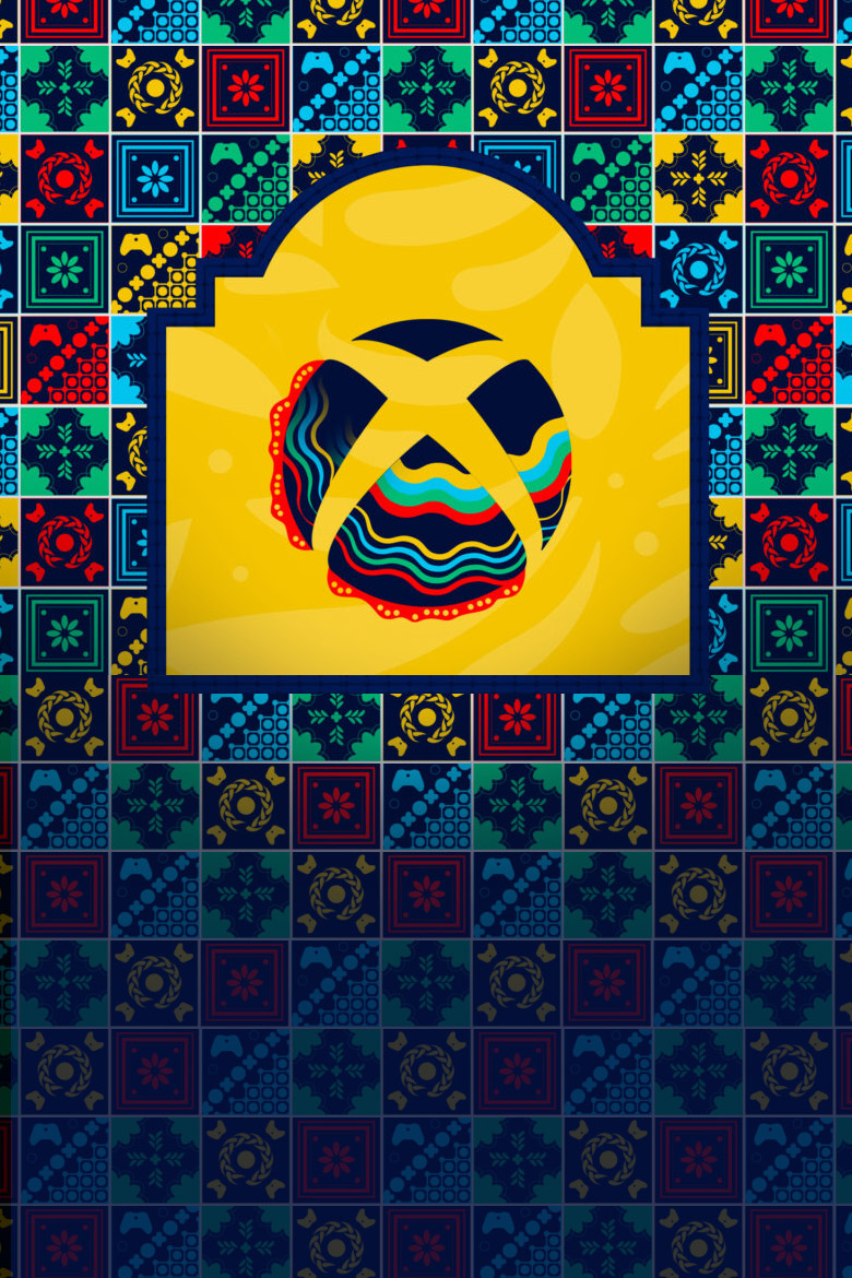 The Xbox logo filled and surrounded by colorful Hispanic-inspired patterns. 