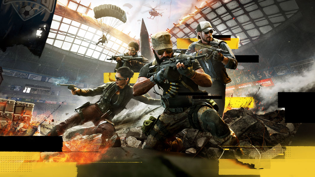 A military squad defends themselves in the center of Verdansk Stadium.