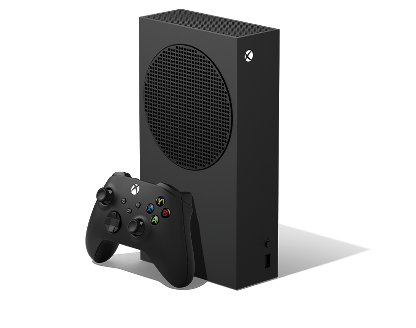 Vista angolare destra di una console Xbox Series S – 1 TB Carbon Black con un Controller Wireless per Xbox – Carbon Black