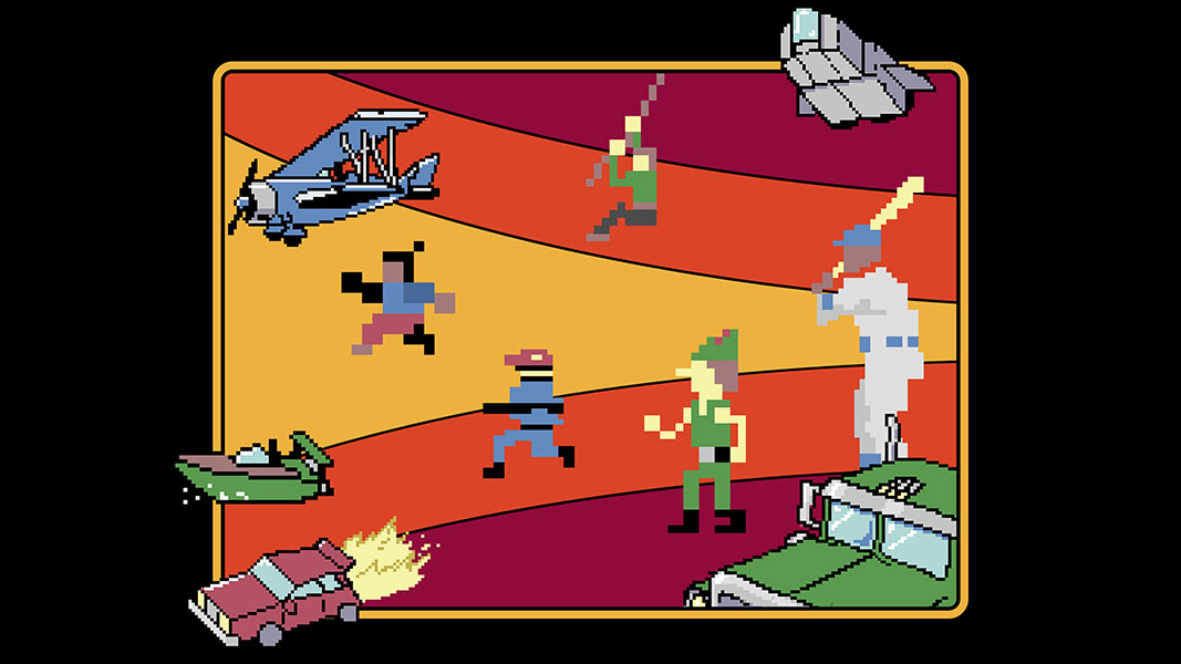 Mehrere pixelige Retro-Game-Charaktere vor einem kastanienbraunen, orangefarbenen und gelben Hintergrund