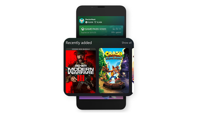 Ein Mobiltelefon mit der Benutzeroberfläche der Xbox App für Mobilgeräte