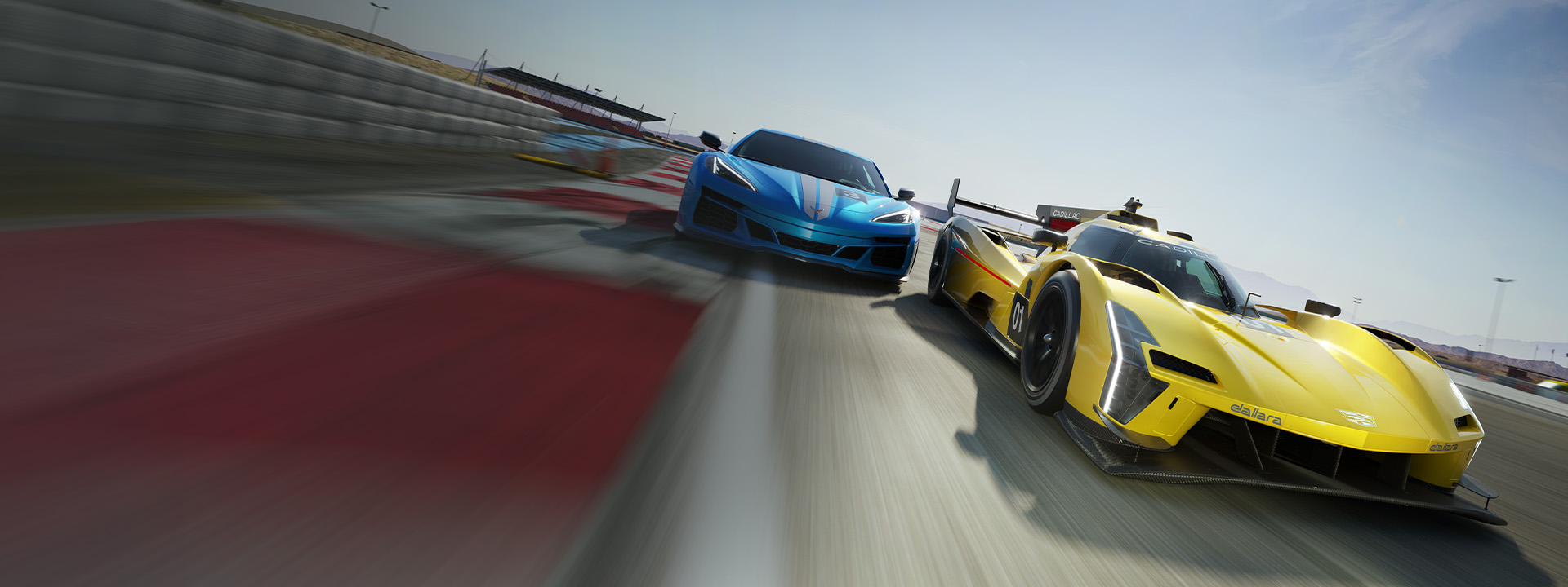 Two cars from the Forza franchise racing down a racetrack