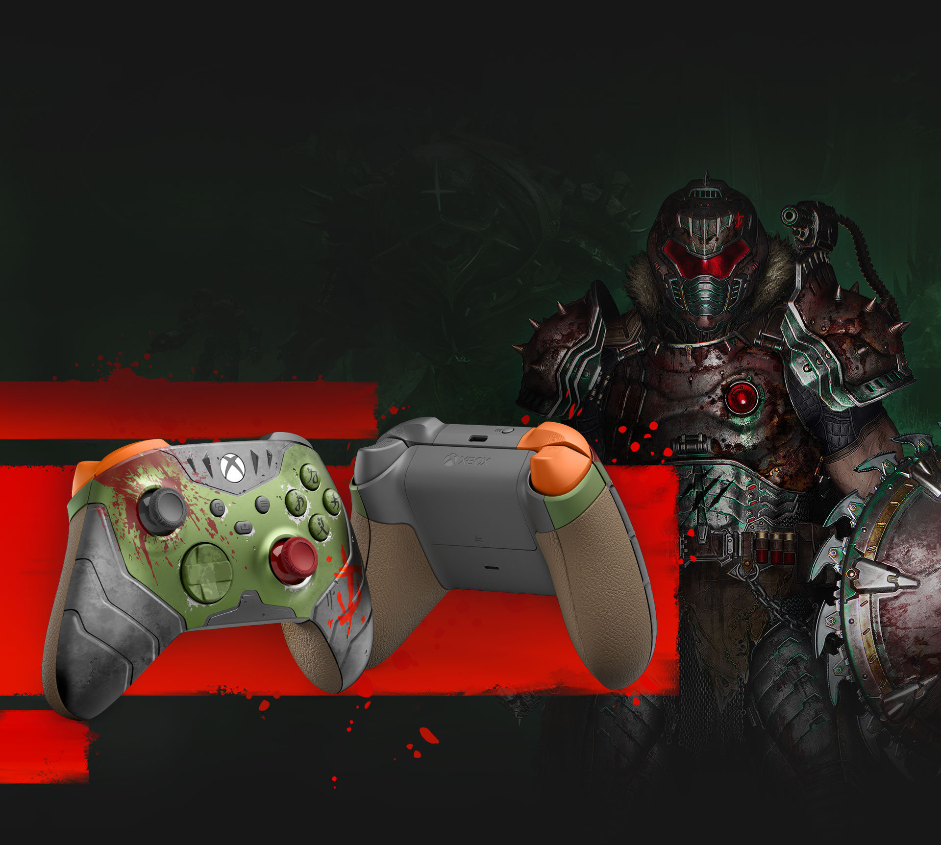 Angled front and back views of the Xbox Wireless Controller – DOOM: The Dark Ages Limited Edition controller, overlapping the downloadable DOOM Slayer Executioner skin content