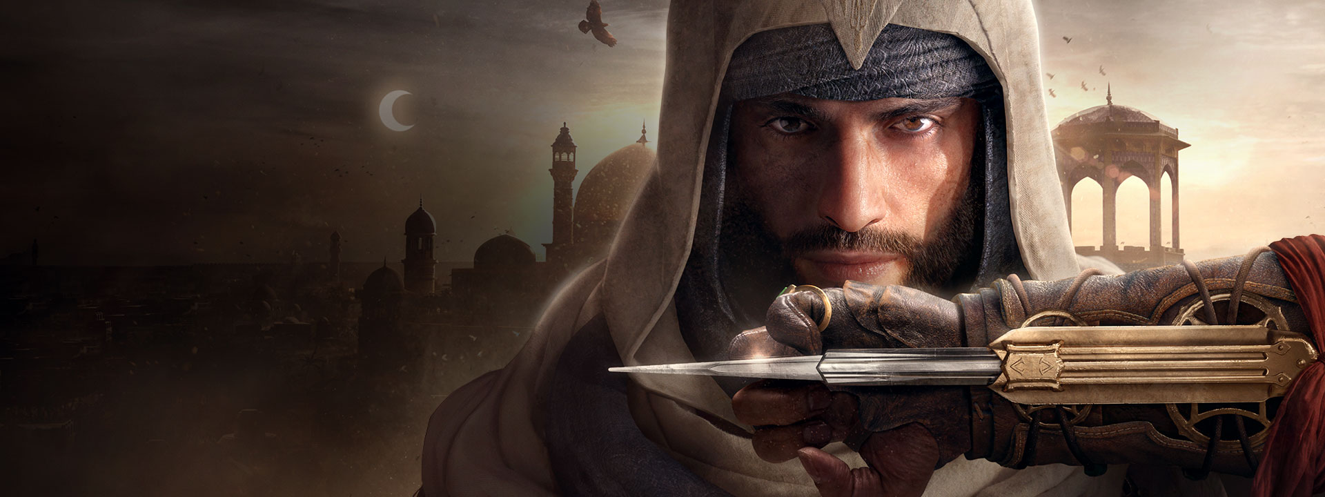 A hooded assassin with his hidden dagger exposed.