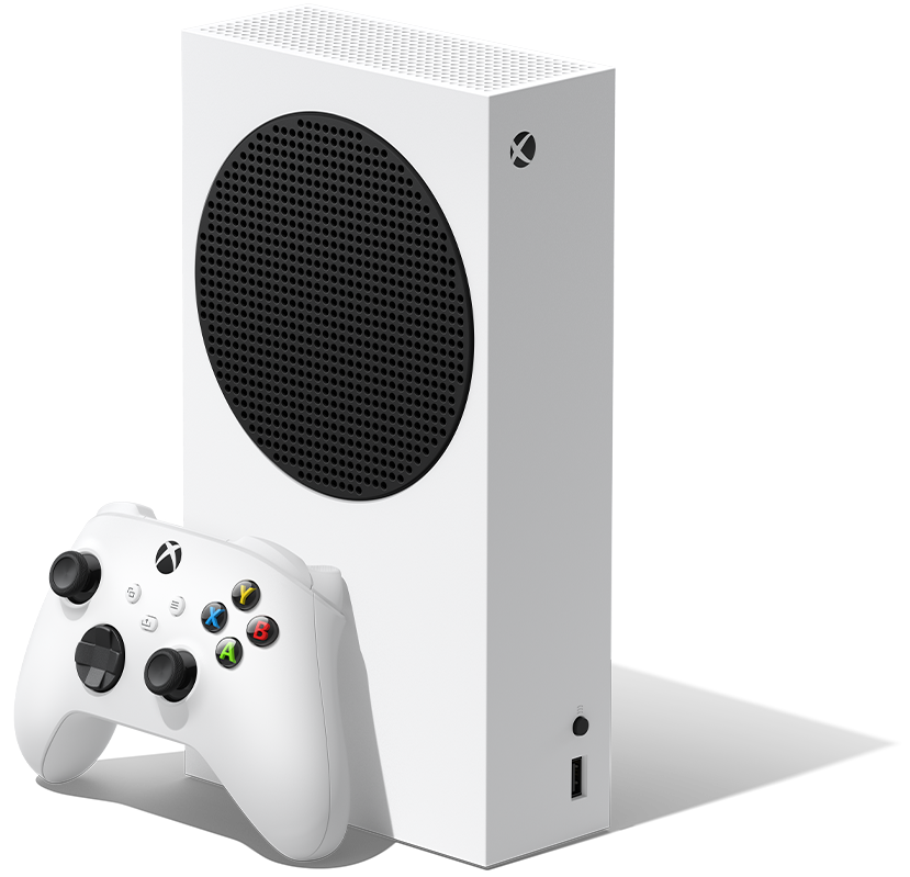 Right angle of the Xbox Series S with an Xbox wireless controller