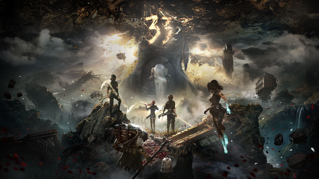 Five Expeditioners holding weapons stand on a stormy cliff before the Paintress underneath the number 33 written in the sky.