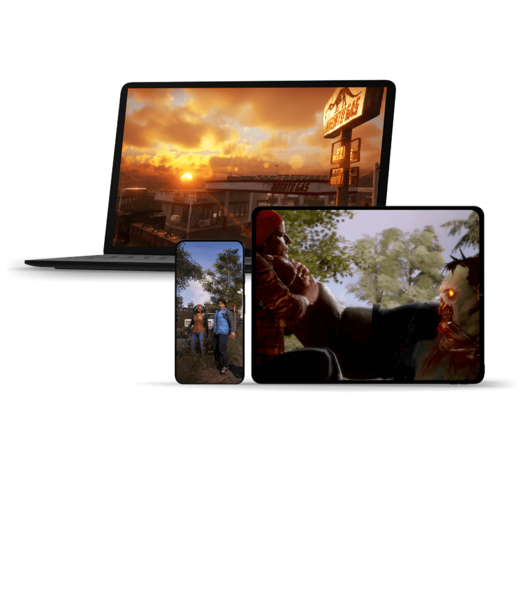 front view of three different monitor screens displaying State of Decay 2 gameplay