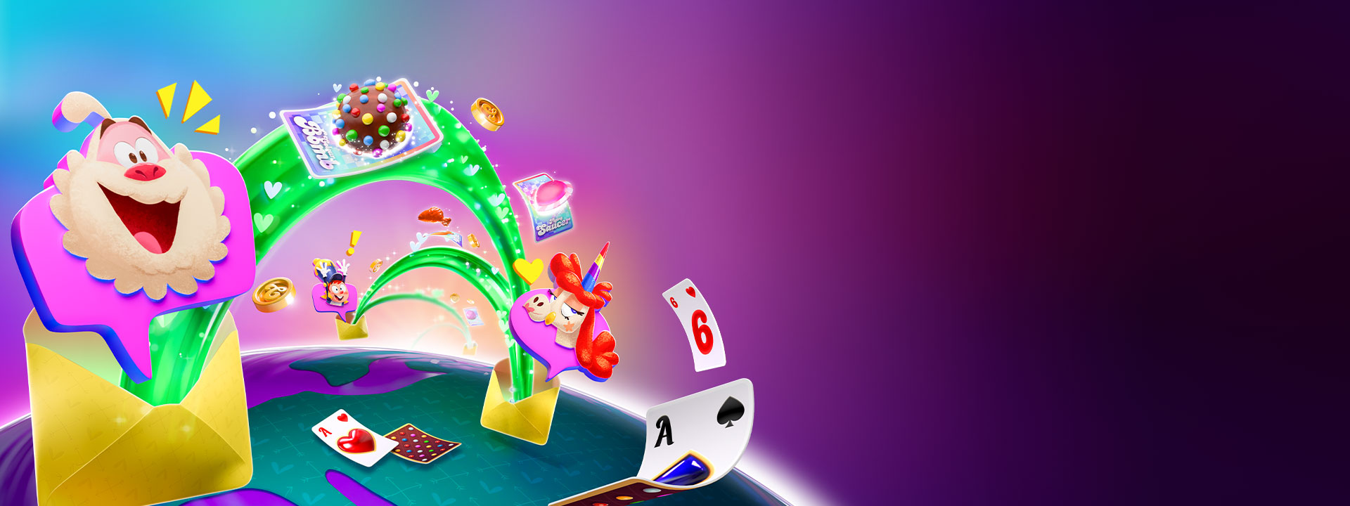 Candy Crush characters mail each other Solitaire cards on a global map.