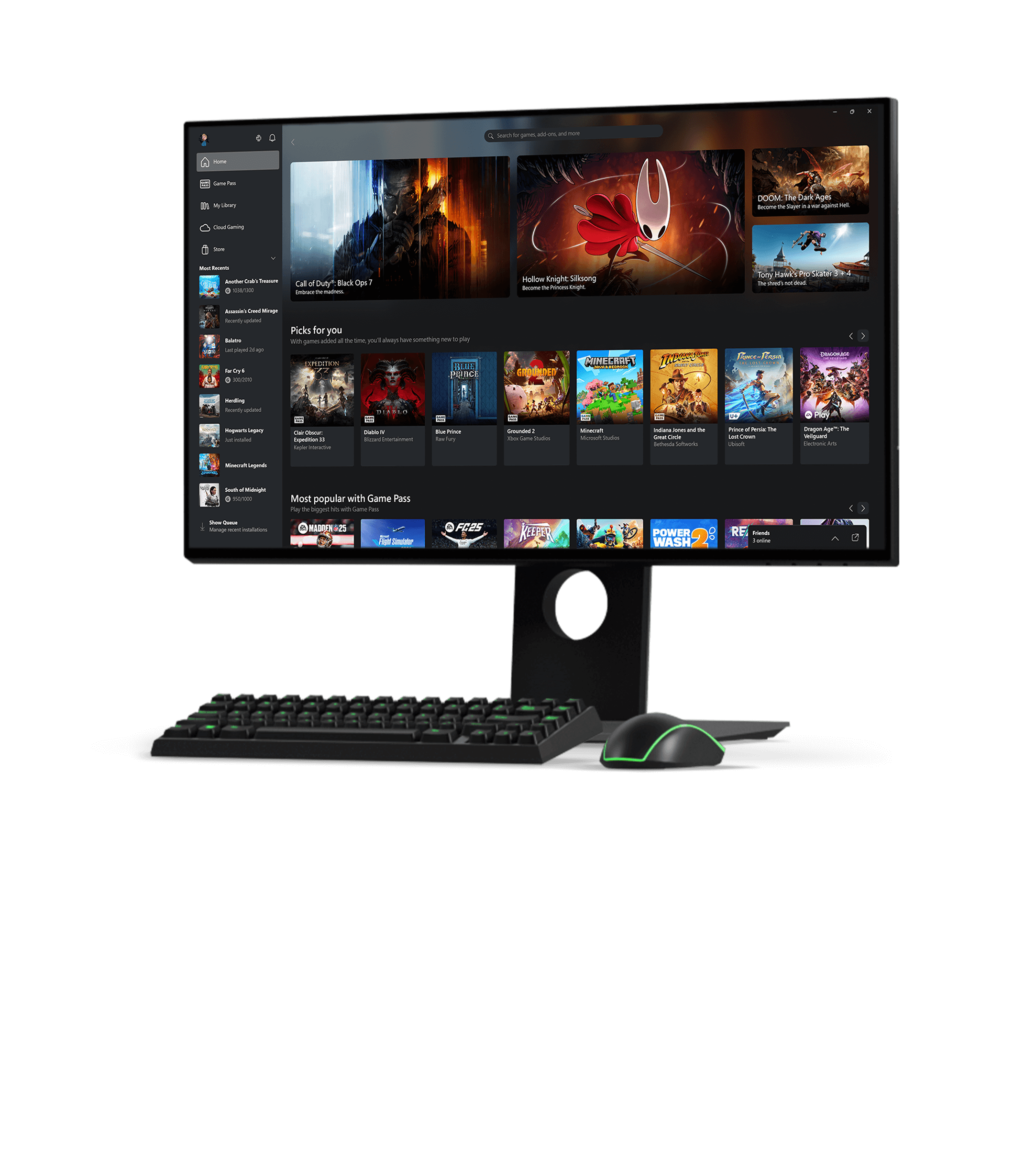 front view of a monitor displaying a menu from the Xbox app on Windows PC