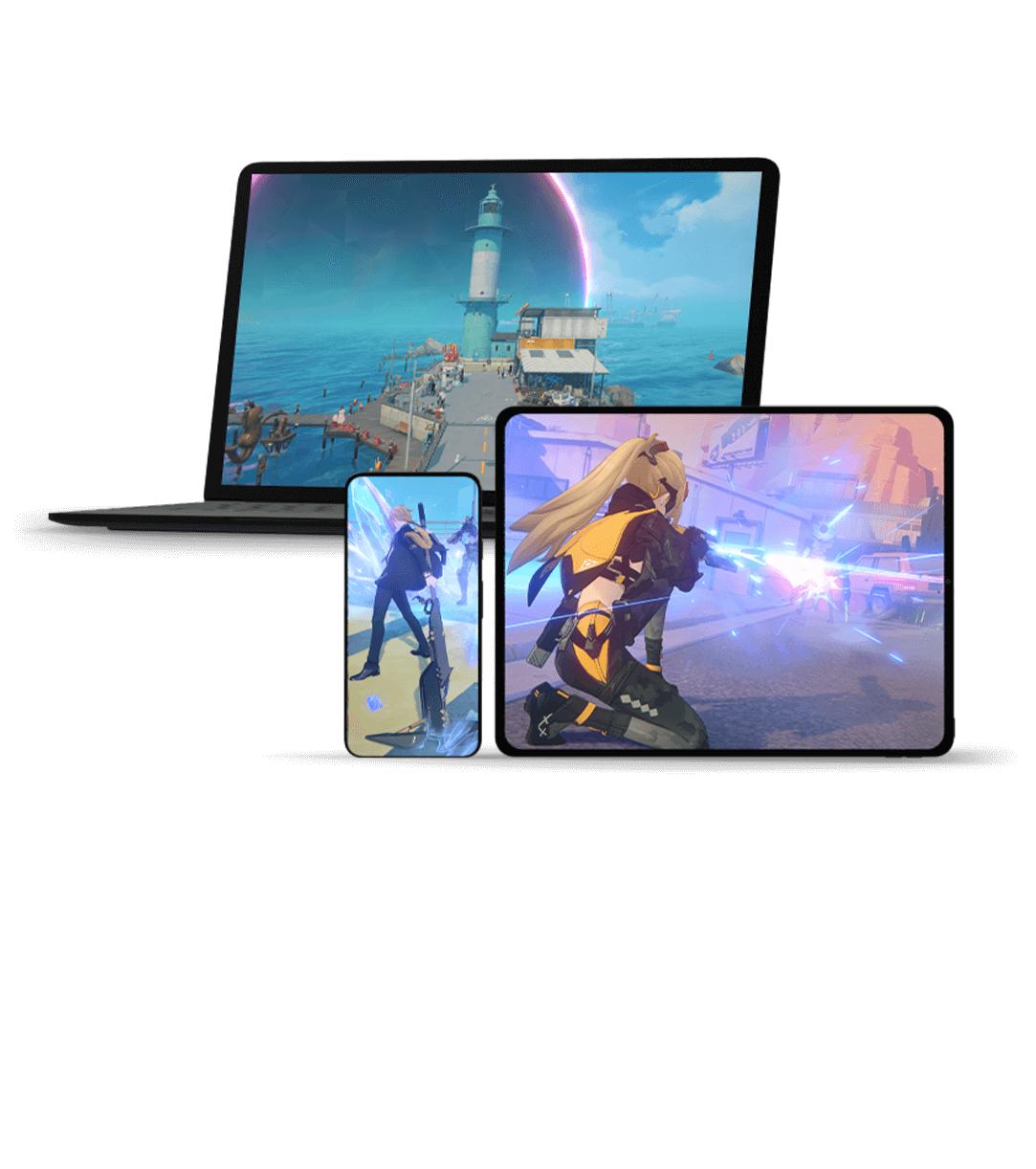 vista frontal de três telas diferentes exibindo o gameplay do Zenless Zone Zero