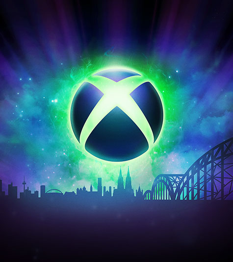 Xbox sphere logo above skyline of Cologne, Germany.