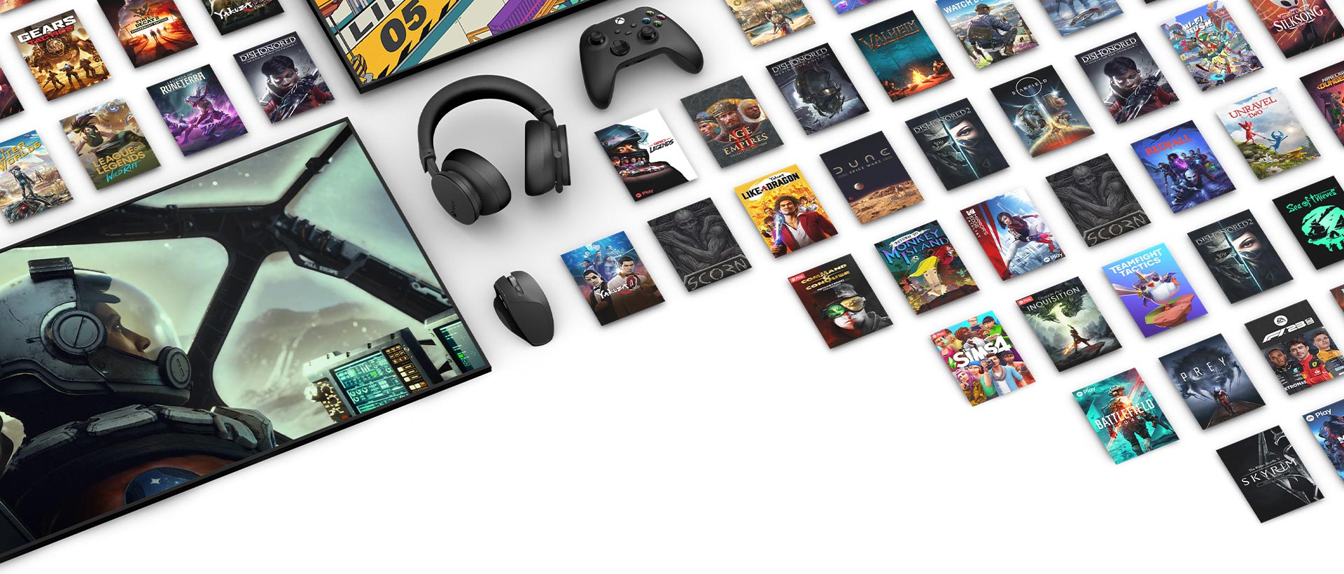 Game art from multiple games available now with Xbox Game Pass surround multiple devices, including a TV, tablet, mobile phone, Xbox Wireless Controller, and Xbox Wireless Headset.