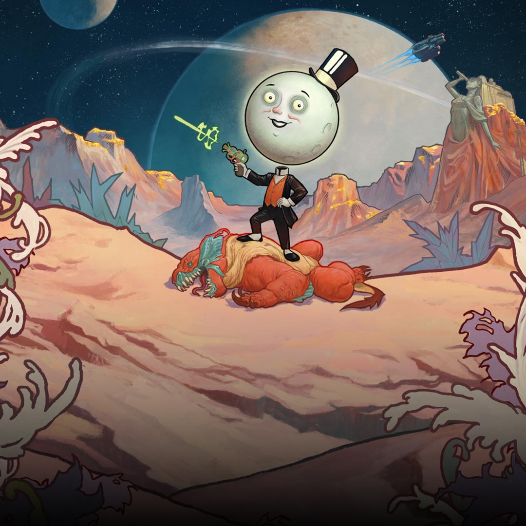 The Moon man standing on a monster while shooting a laser with large planets orbiting in the background.