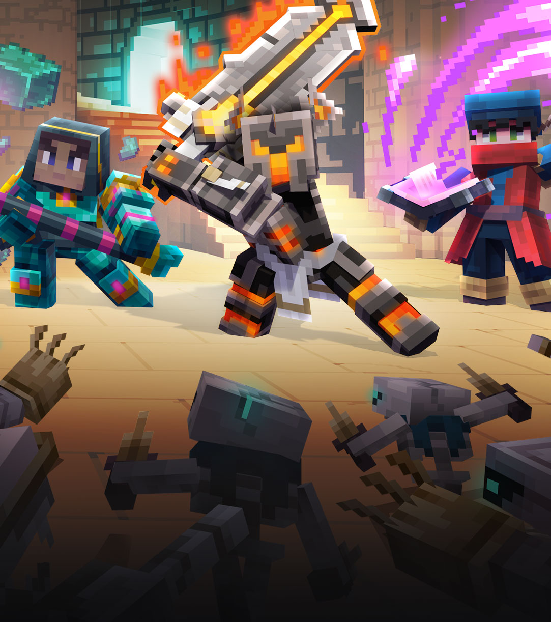 Three characters wielding magical weapons while fighting off creatures in a dark dungeon.