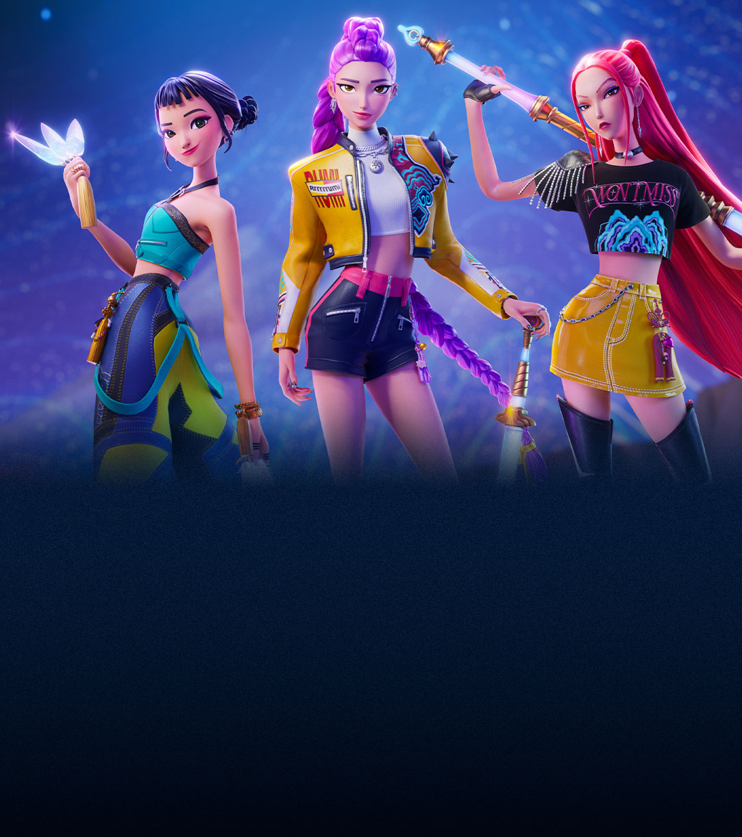 Three female characters posing against a blue background