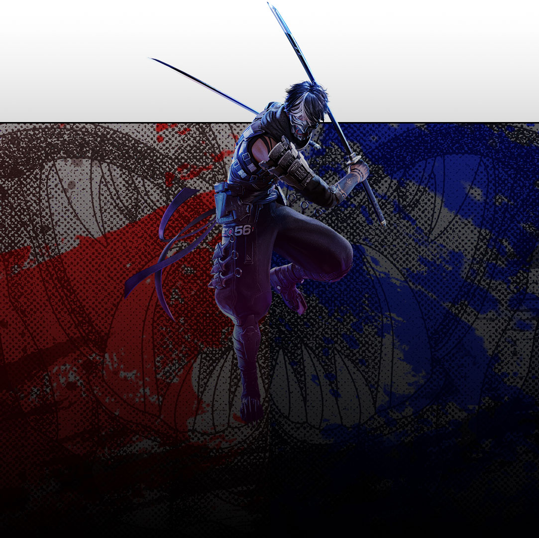 Ryu con due spade, su uno sfondo metà rosso e metà blu.