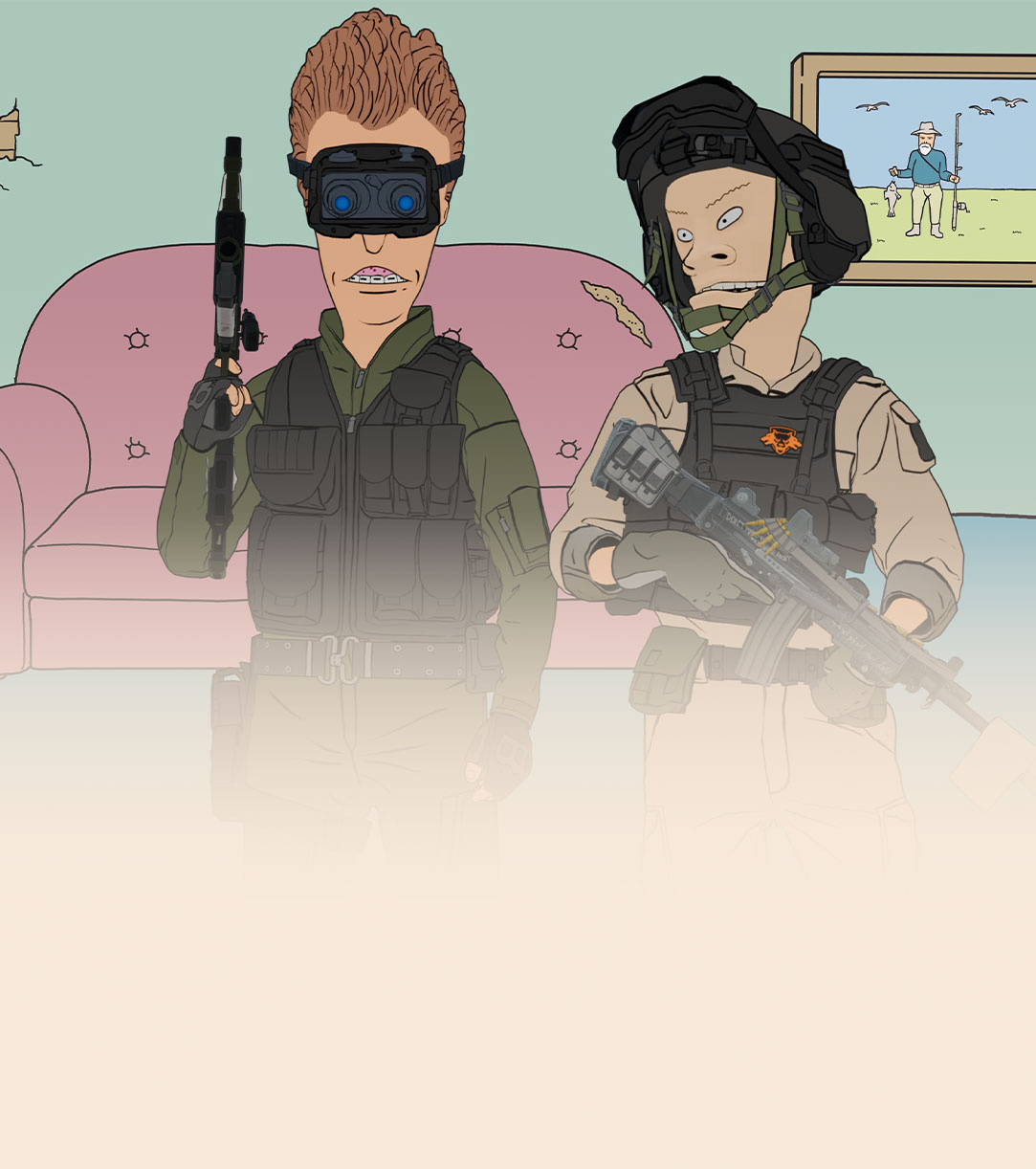Beavis & Butt-Head in a living room dressed in tactical gear