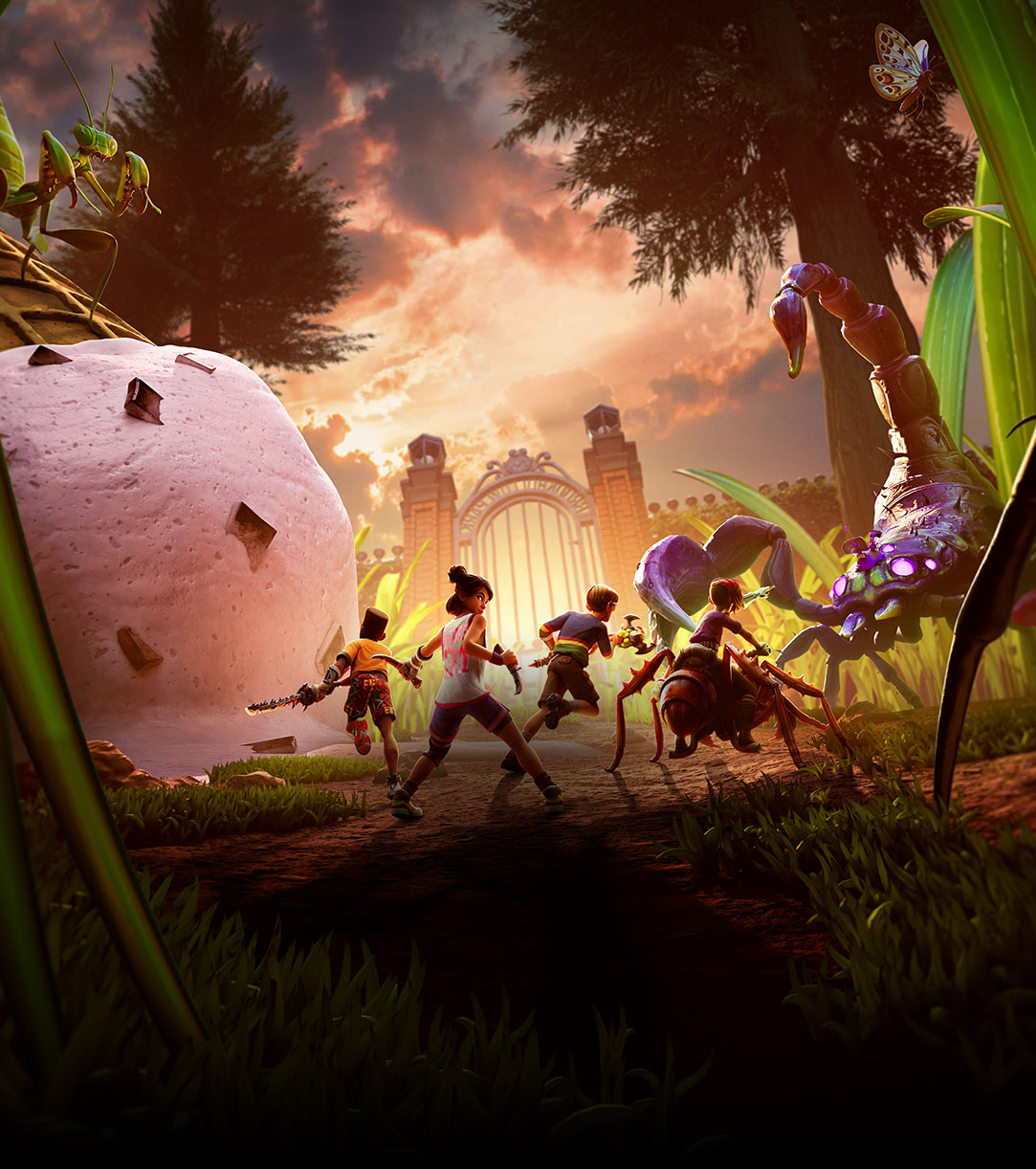 ミニチュア サイズになった 4 人組のフレンドが、凶暴なサソリから自分たちの身を守っている姿のアニメーション。