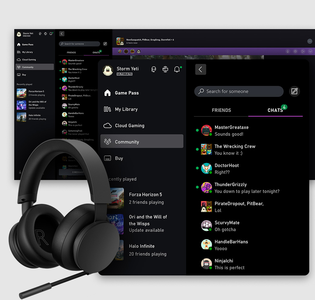 Xbox app on Windows PC user interface showing the social tab