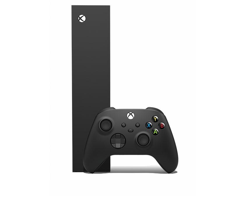 Vy från sidan av Xbox Series S – 1 TB Carbon Black med en trådlös Xbox-handkontroll – Carbon Black