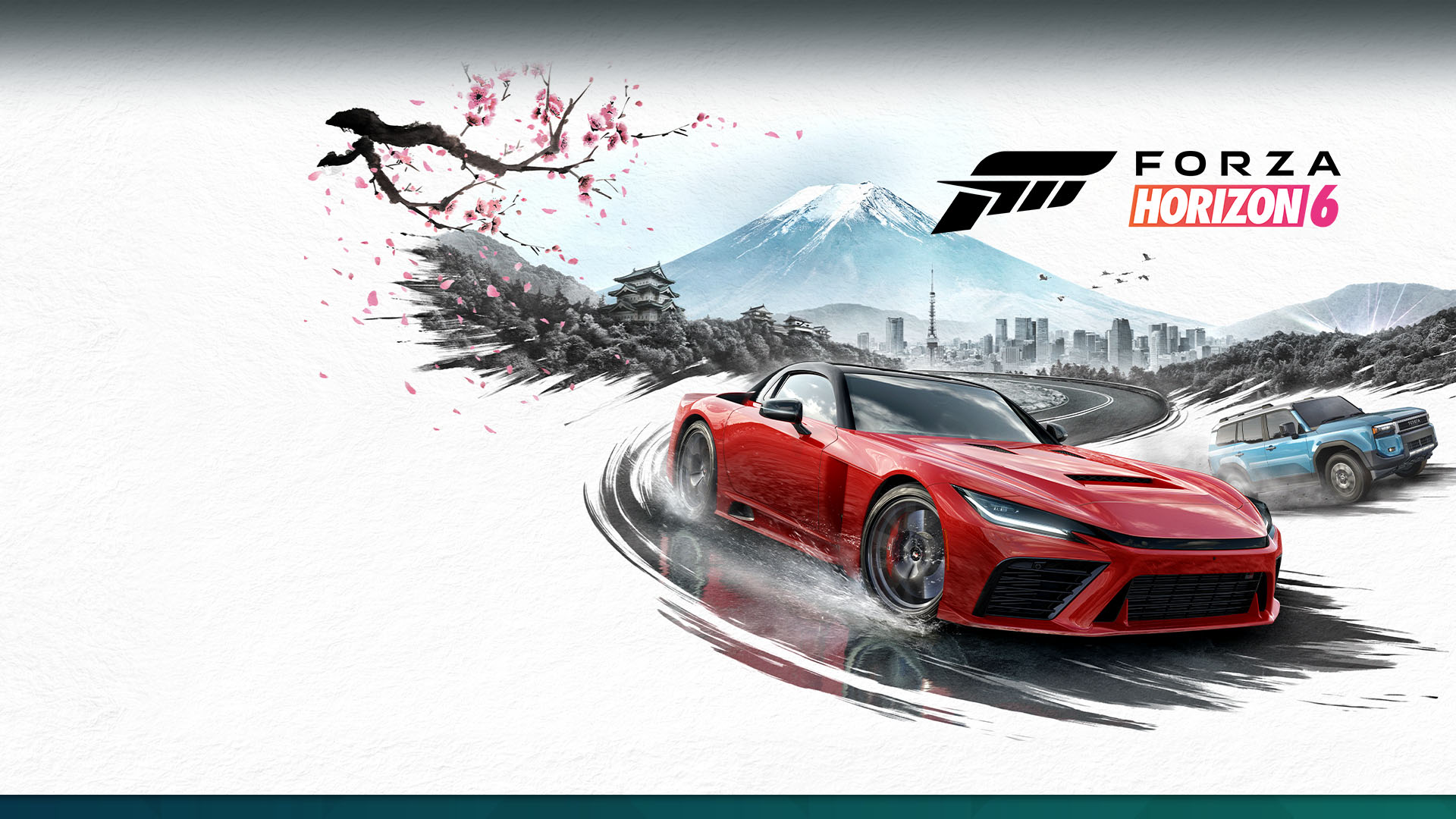 Forza Horizon 6, Dos autos circulan por una carretera hecha con pinceladas de Tokio y el monte Fuji al fondo.