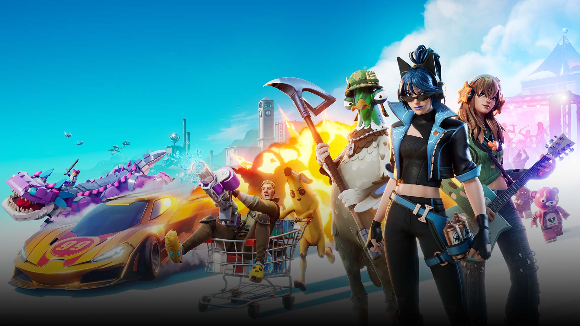 A group of unique Fortnite characters and vehicles, one character is getting pushed in a shopping cart by a banana character, the background is a skyline of different points of interest on the Fortnite map