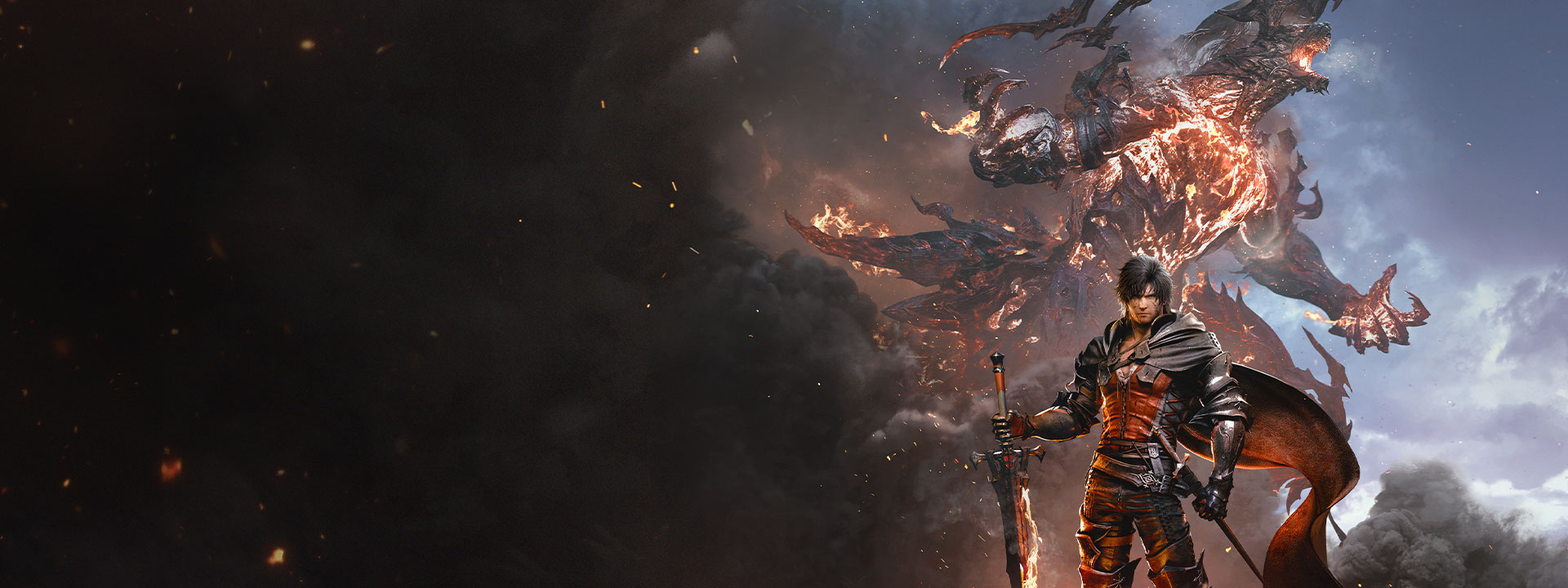 Covered in flames, Clive Rosfield holds his sword as the Dark Eikon Ifrit erupts from a cloud of smoke behind him.