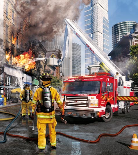 Several firefighters work to save a burning building with fire hoses, including a firefighter in the firetruck's raised boom lift.