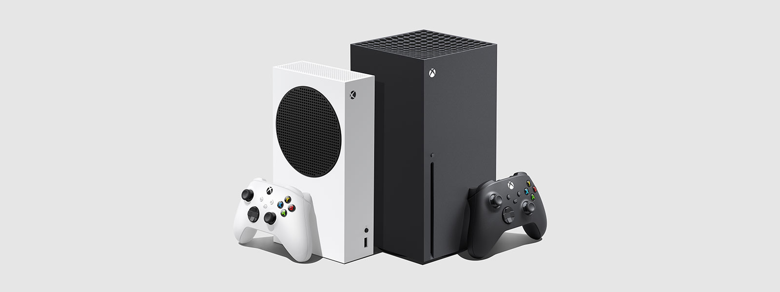 XBOX Series X and S consoles with controllers against a white background