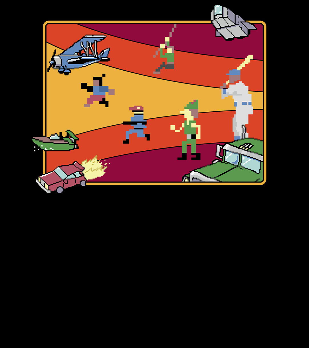 Several pixelated retro game characters in front of a maroon, orange and yellow background.