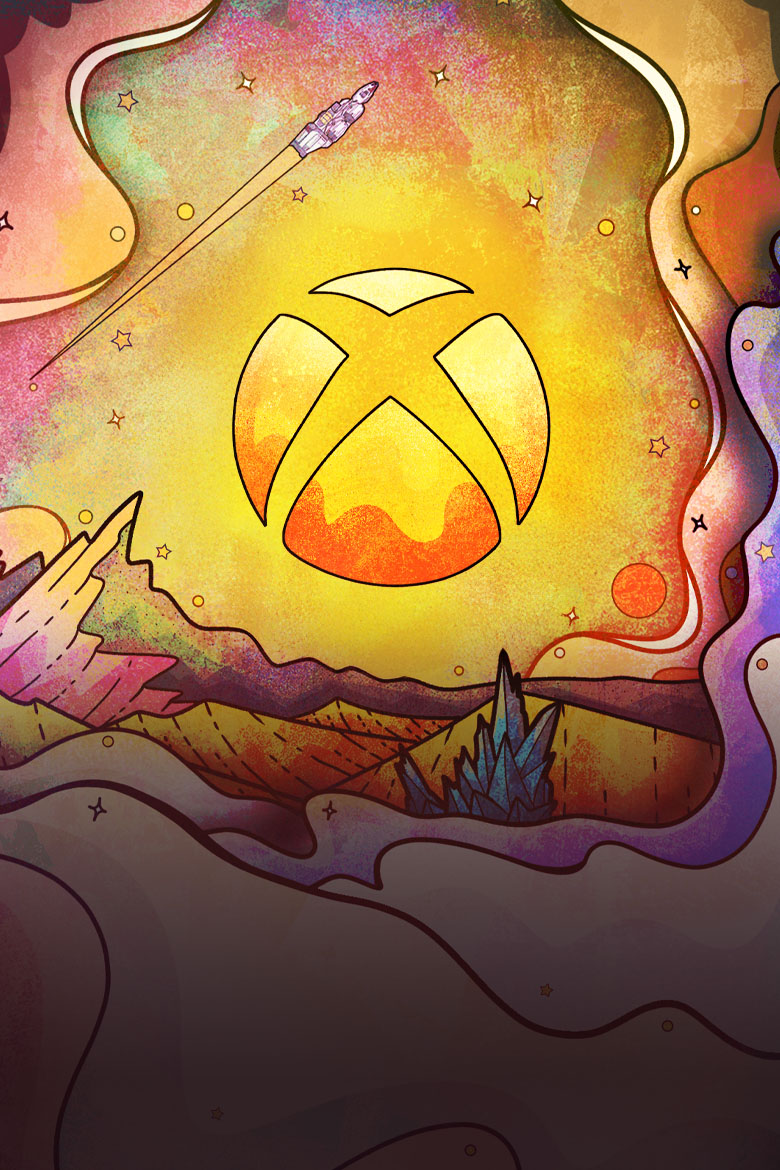The Xbox logo over an abstract colorful mountain scape.