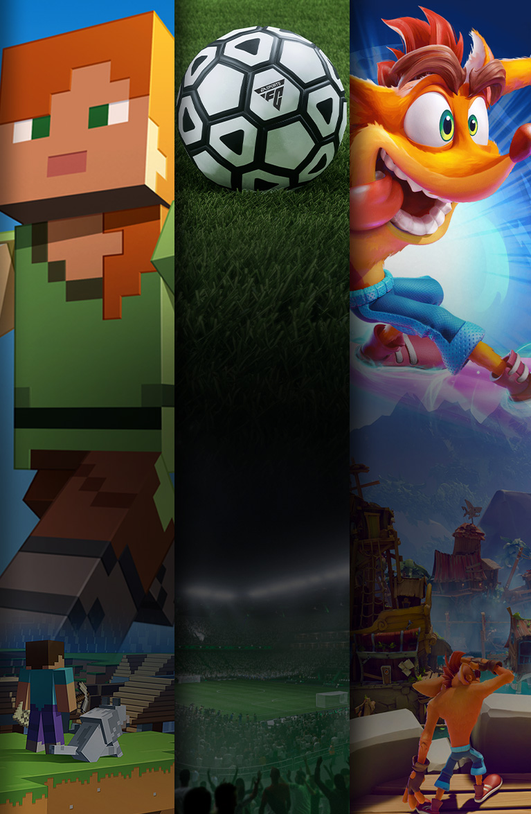 A selection of games available with Game Pass including Minecraft, EA SPORTS FC 25, Balatro, and Crash Bandicoot 4: It's About Time.