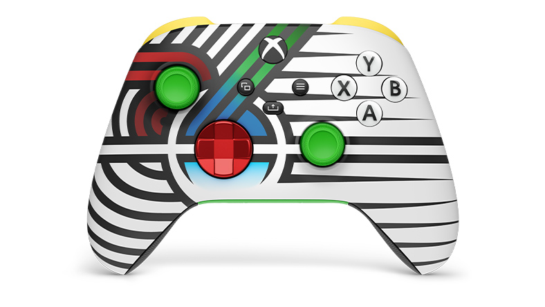 Vue avant de la manette sans fil XBOX – Team Spirit en édition limitée avec XBOX Design Lab, dans des coloris personnalisés rouge, jaune et vert.