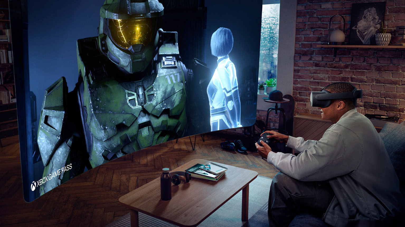 A person playing Halo Infinite using a VR headset and Xbox controller