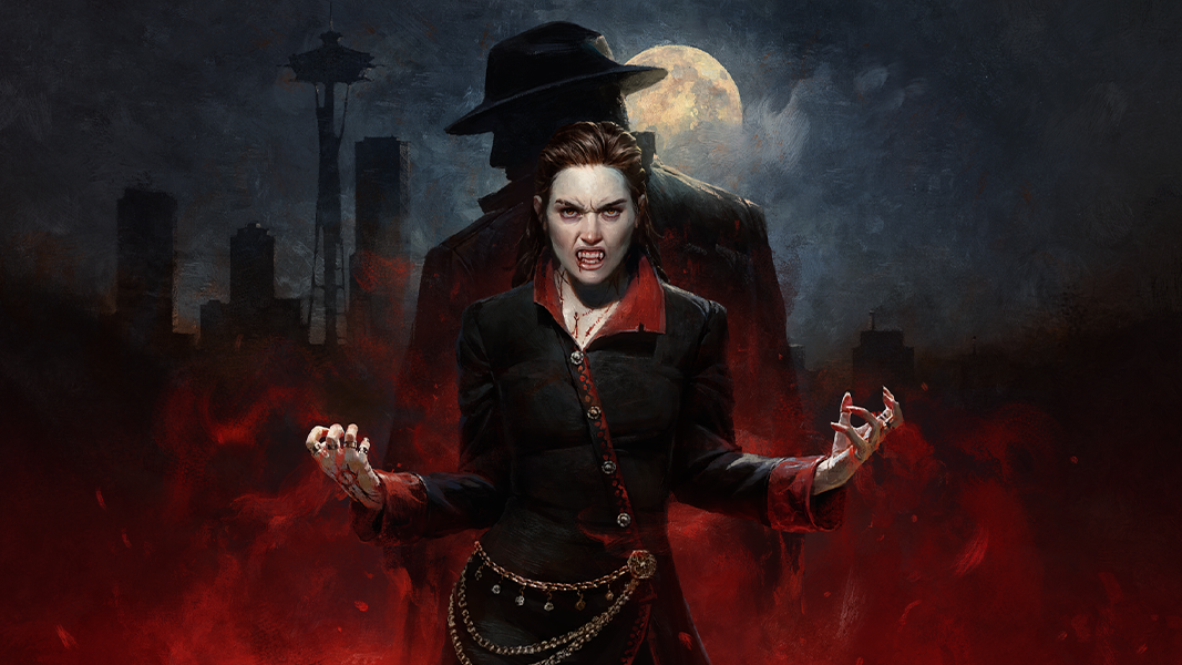 A female vampire stand in a haze of red mist bearing her fangs, a silhouette of a mysterious figure stands behind her with the Seattle skyline in the background