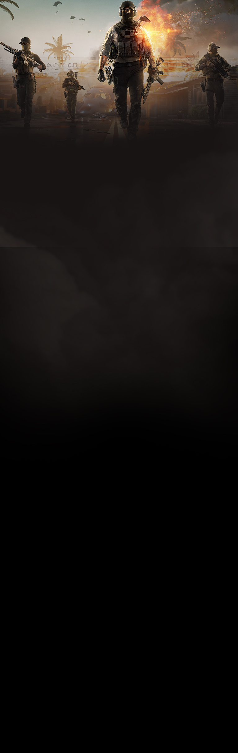 Four figures in tactical gear carrying weapons walk away from a plane explosion.