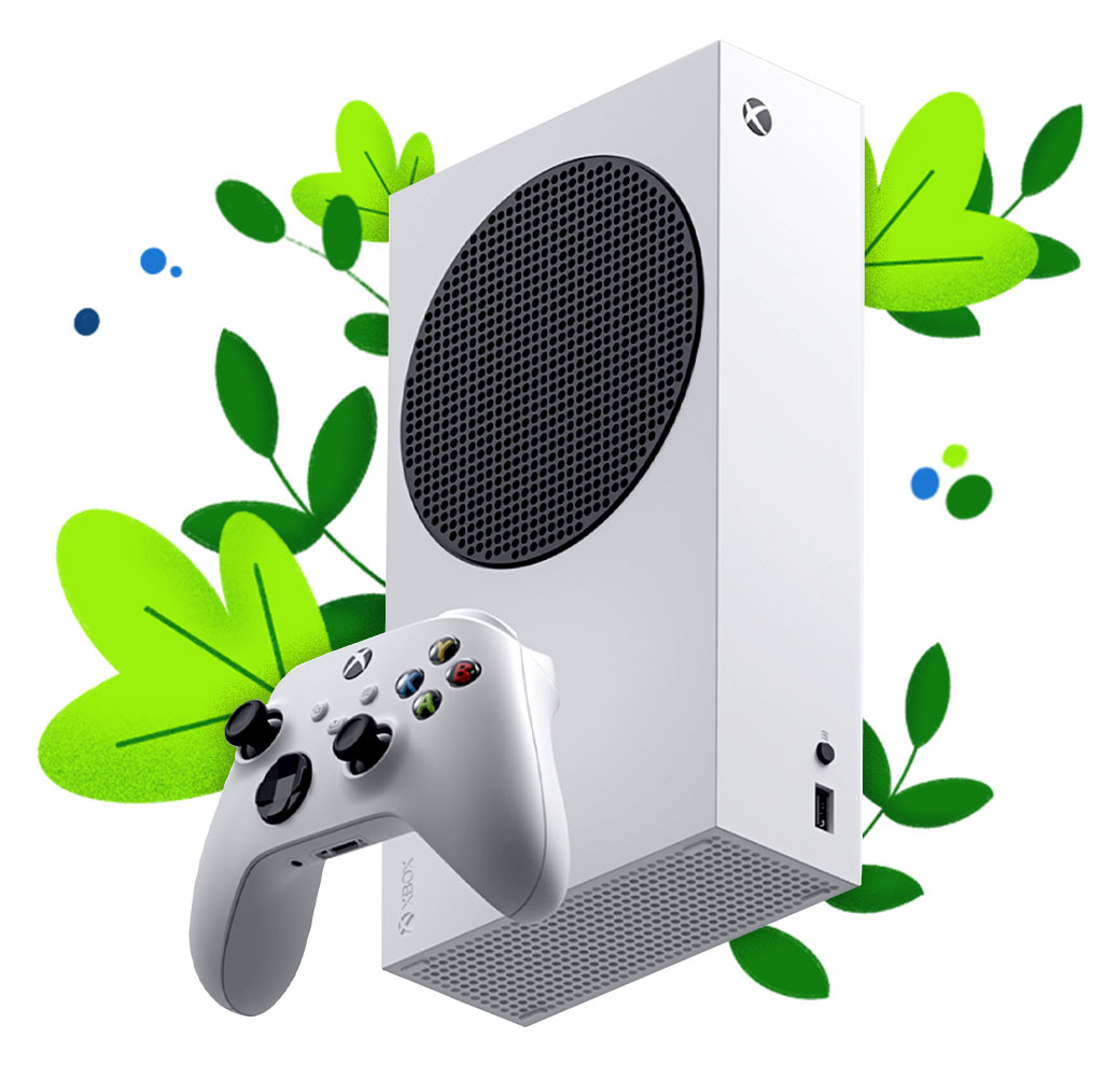 Una console Xbox Series S circondata da foglie e piante