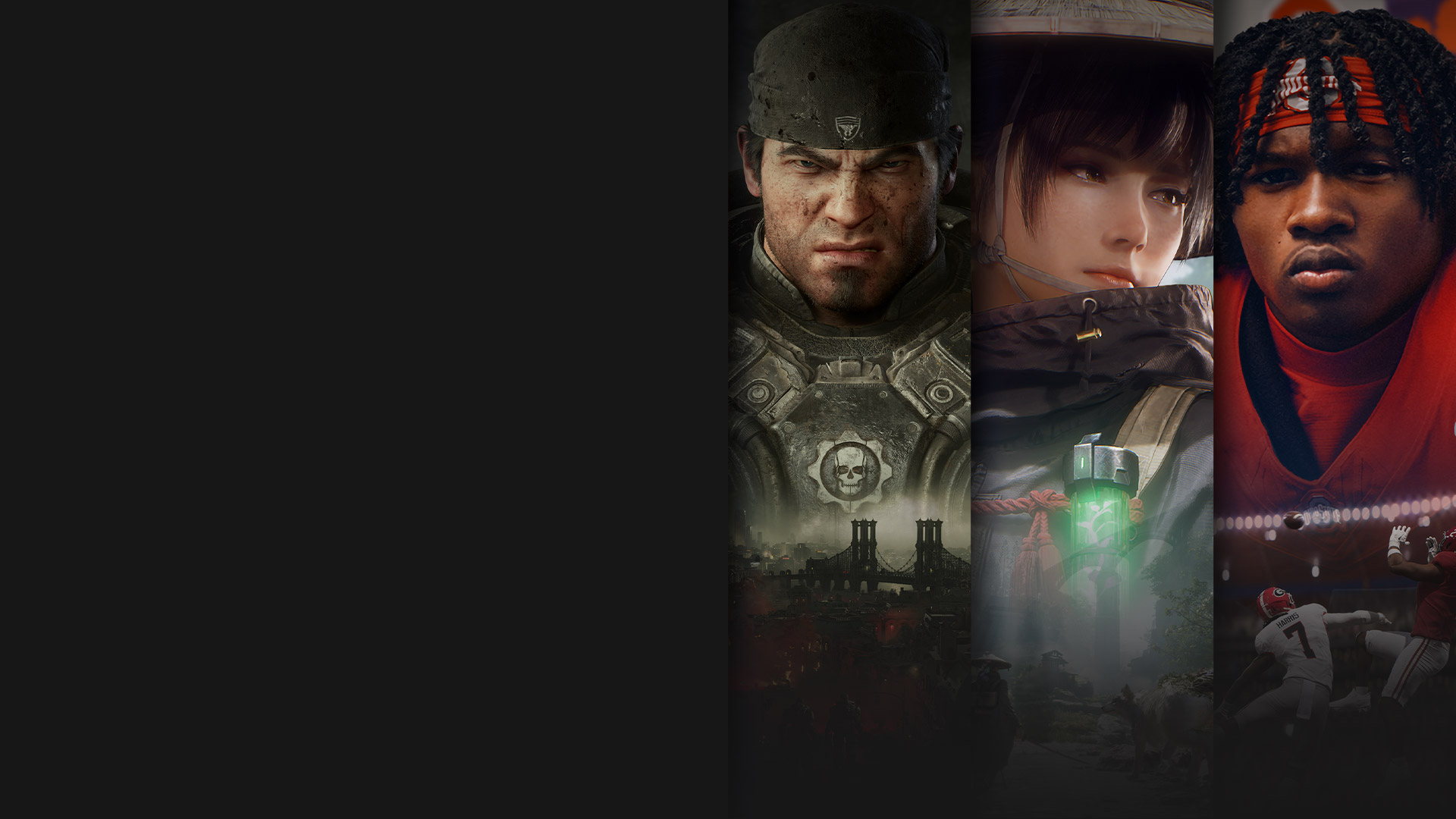 Game art from multiple games available or coming soon with XBOX Game Pass, including Gears of War: E-Day, Beast of Reincarnation, EA SPORTS College Football 26, Halo: Campaign Evolved, and Assassin's Creed Odyssey.