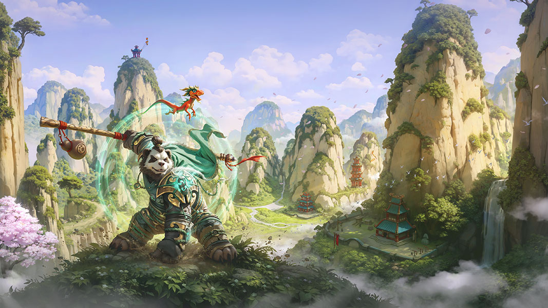 A Pandaren warrior stands ready for battle in the midst of an asian style mountain range